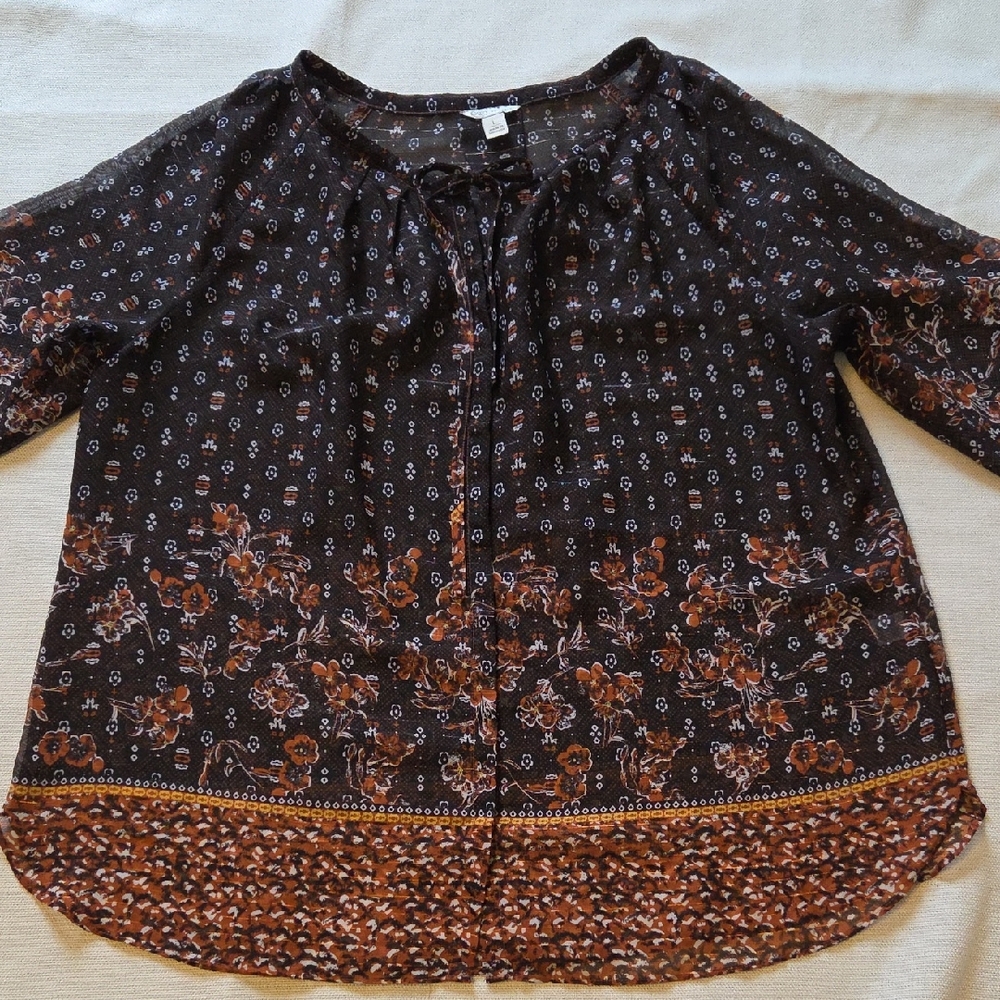 Cato Womens sz Large Flowy Sheer Orange Black Tie Front Floral Whimsi